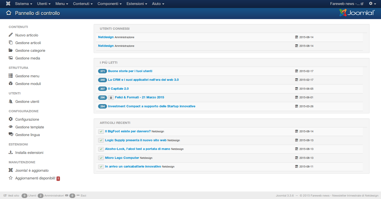 Schermata della dashboard di Joomla 3.x